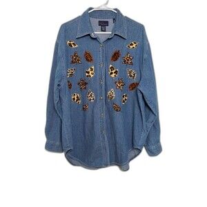 CST Blues 100% Cotton Denim Button-Up Shirt XXL Blue with Leopard Leaf Teacher